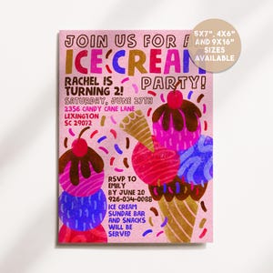 Powder Pink Ice Cream Birthday Invitation, Retro Ice Cream Cone Party Invite, Editable Corjl Template (Digital Download)