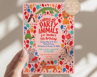 Watercolor Party Animals Birthday Invitation, Retro Zoo Animals Invite, Editable Corjl Template (Digital Download)