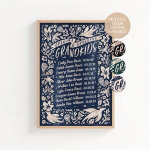 Personalized Grandkids Name Print, Customizable List of Grandchildren and Birthdates, Floral and Woodland Wall Decor Gift