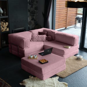 Convertible closed corner teddy sofa arranged for everyday lounging, combining cozy comfort with space-saving functionality.