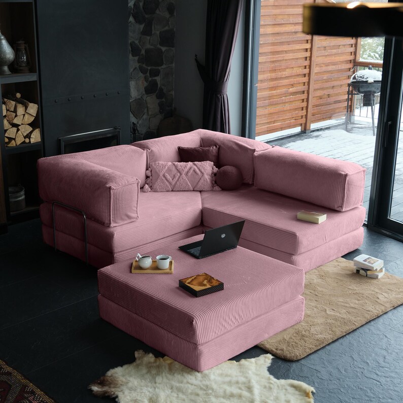Convertible closed corner teddy sofa arranged for everyday lounging, combining cozy comfort with space-saving functionality.