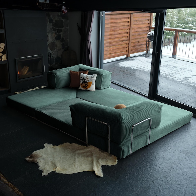 Velvet floor teddy couch styled low to the ground, providing casual comfort and modern minimalist charm.