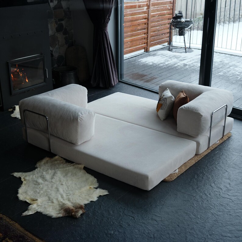 Teddy velvet floor sofa styled low to the ground, combining soft textures with modern coziness for relaxed interiors.