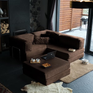 Livingroom cozy sleeper sofa styled in lounge and bed modes, offering flexible comfort and modern simplicity for everyday living.