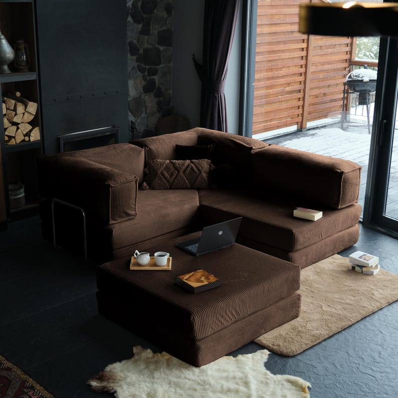 Livingroom cozy sleeper sofa styled in lounge and bed modes, offering flexible comfort and modern simplicity for everyday living.