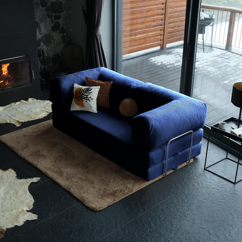 Cozy teddy couch with corduroy texture, convertible sleeper sofa design