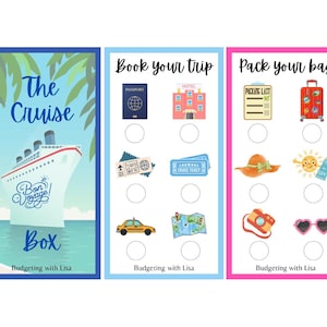 Puede incluir: Tres tarjetas coloridas con un tema de crucero. La primera tarjeta es azul y presenta un crucero con el texto "The Cruise Box" y "Budgeting with Lisa". La segunda tarjeta es azul claro y presenta el texto "Book your trip" y "Budgeting with Lisa". La tercera tarjeta es rosa y presenta el texto "Pack your bag" y "Budgeting with Lisa".