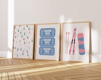 Bold Ski Wall Art Set of 3 | Printable Snow Sports Print Bundle | Retro Off Piste Snowboarding Skiing Poster | Trendy Winter Home Decor Trio