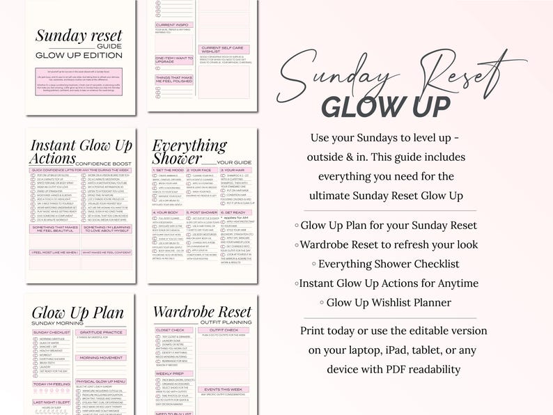 Sunday Reset Glow Up pages shows 6 pages