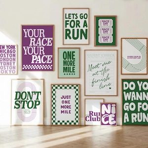 Juego de 12 láminas decorativas para corredores / Paquete de pósteres imprimibles verdes y morados para clubes de corredores / Regalo para corredores de maratón / Paquete de láminas decorativas para el hogar de atletas de pista