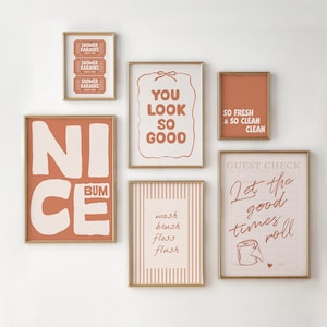 Pode incluir: Um conjunto de seis impressões emolduradas em tons de terracota e creme. As impressões apresentam textos como "Shower Karaoke", "You Look So Good", "So Fresh & So Clean Clean", "Nice Bum", "Wash Brush Floss Flush" e "Let the Good Times Roll".