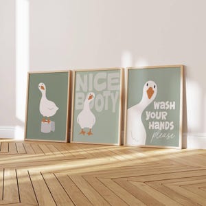 Sage Green Bathroom Wall Art Set of 3 | Printable Funny Duck Toilet Print Bundle | Retro Silly Goose Washroom Decor | Kids Shower Homewares