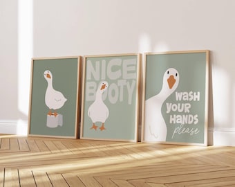 Sage Green Bathroom Wall Art Set of 3 | Printable Funny Duck Toilet Print Bundle | Retro Silly Goose Washroom Decor | Kids Shower Homewares