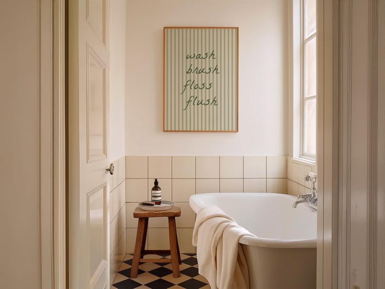 A printable striped "wash brush floss flush" sign, styled as trendy aesthetic bathroom decor.