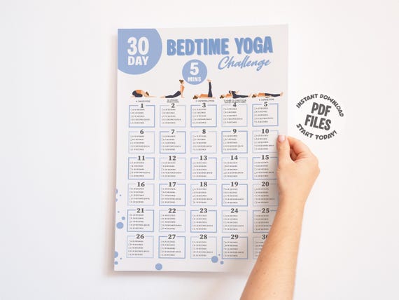 30 Day Bedtime Yoga Challenge for Better Sleep Hygeine, Printable Beginner Yoga Practice Poster Training Plan, Relax Night Time Rest Routine