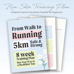 Könnte beinhalten: Ein druckbarer 8-Wochen-Trainingsplan, der Ihnen hilft, vom Gehen zum Laufen von 5 km zu wechseln. Der Plan ist so konzipiert, dass er sicher und effektiv ist, und er enthält einen hellblauen Hintergrund mit rosa und gelben Akzenten. Der Text "From Walk to Running 5km Safe & Strong" ist in fettem Schwarz. Der Text "8 week Training Plan Run Your Way to a Healthier You" ist in Schwarz auf gelbem Hintergrund.