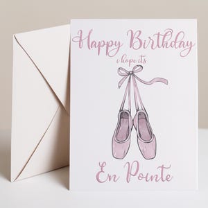 Cartão de aniversário imprimível En Pointe | Bailarina aquarela digital Download PDF | Bailarina rosa coquete fita laço saudação para dançarinos
