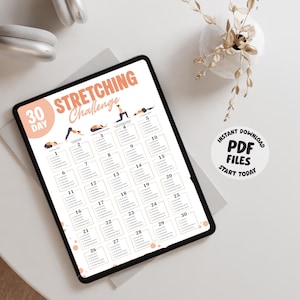 Printable 30 Day Stretching Challenge wall art featuring a beginner-friendly yoga routine with calming, easy-to-follow daily stretches designed for stress relief and improved mobility. Perfect for home workout spaces or wellness corners.