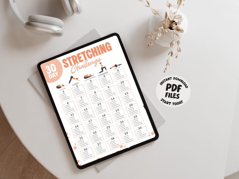 Printable 30 Day Stretching Challenge wall art featuring a beginner-friendly yoga routine with calming, easy-to-follow daily stretches designed for stress relief and improved mobility. Perfect for home workout spaces or wellness corners.