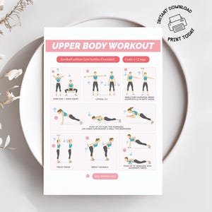 Upper Body Workout Chart | Printable Dumbbell Only or Bodyweight Training Guide | Basic Fitness Poster for Home Workout | Easy Gym Exercises