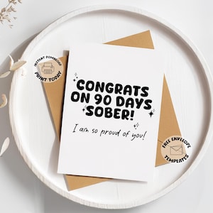 90日間禁酒カード | 女性、男性向けの90日間禁酒記念日の印刷可能なカード、節目の禁酒ギフト、アルコールフリーのAA NA依存症からの回復