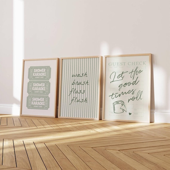 Sage Green Bathroom Wall Art Set of 3 | Printable Funny Toilet Print Bundle | Pastel Mint Washroom Decor | Wash Brush Floss Flush Sign