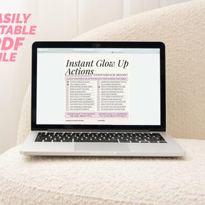 Easily Editable PDF file in text next to laptop on boucle sofa displaying editable worksheet titled Instant Glow Up Actions