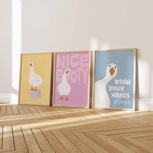 Set di 3 stampe colorate per il bagno / Pacchetto di stampe divertenti con anatre per il WC / Decorazioni retrò con oche buffe per il bagno / Set doccia multicolore