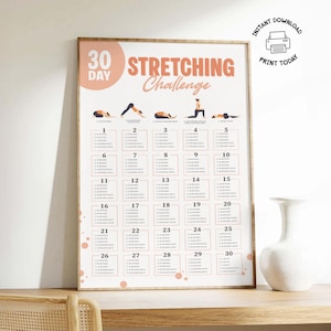Può includere: Un poster incorniciato per una sfida di stretching di 30 giorni. Il poster presenta un cerchio color pesca chiaro con il testo "30 GIORNI" e le parole "STRETCHING Challenge" in un carattere corsivo. Include illustrazioni di esercizi di stretching.