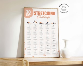 30 Day Stretching Challenge, Printable Beginner Yoga Plan, Calm Stress Relief Workout Guide, Easy Stretch Flexibility Fitness Routine Poster