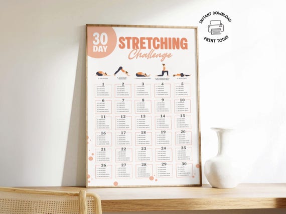 30 Day Stretching Challenge, Printable Beginner Yoga Plan, Calm Stress Relief Workout Guide, Easy Stretch Flexibility Fitness Routine Poster