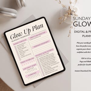Sunday Reset Digital Planner displayed on iPad. It's the perfect GLOW UP PLAN. This Printable Planner is editable and makes glowing up feel achievable and fun. ADHD friendly and perfect for busy moms.