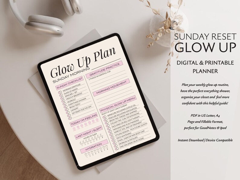 Sunday Reset Digital Planner displayed on iPad. It's the perfect GLOW UP PLAN. This Printable Planner is editable and makes glowing up feel achievable and fun. ADHD friendly and perfect for busy moms.