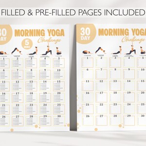Printable morning yoga challenge pages - filled and pre-filled versions.