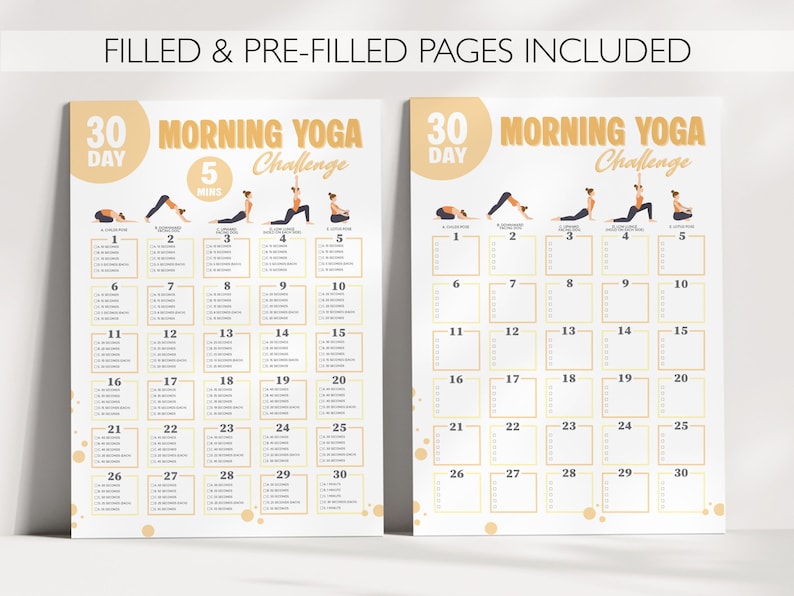 Printable morning yoga challenge pages - filled and pre-filled versions.
