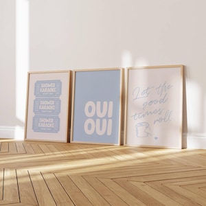 Images shows 3 funny bathroom prints with wood frames, displaying text-based designs in pastel blue & white. The artwork includes phrases such as "Oui Oui" and "Let The Good Times Roll", suitable for bathroom decor.