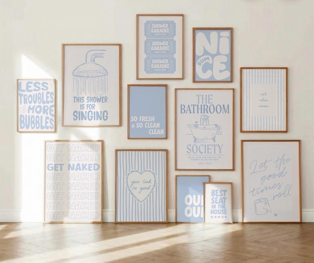 Pastel Blue Bathroom Wall Art Set of 12 | Printable Funny Toilet Print Bundle | Modern Sho