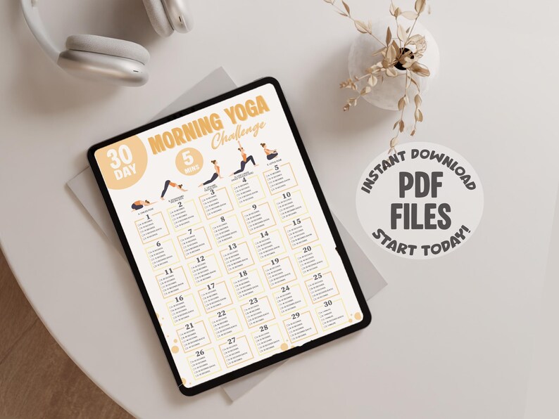 30 Day Morning Yoga challenge displayed on an ipad.