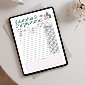 Vitaminenchecklist | Digitale supplemententracker | Afdrukbare dagelijkse medicatie-takenlijst | Bewerkbaar medicijnlogboek | Herinneringsblad pil