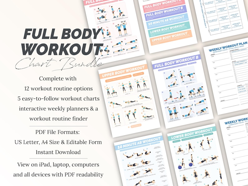Workout Chart Bundle | Printable Gym Diagrams | Interactive Dumbbell ...