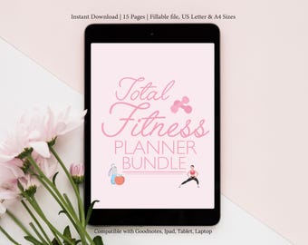 以下が含まれることがあります： 黒いタブレットに表示されたデジタルフィットネスプランナーバンドル。「Total Fitness Planner Bundle」という言葉がピンク色のスクリプトで表示されています。画像には、ダンベル、ウォーターボトル、リンゴ、運動している人のイラストが含まれています。