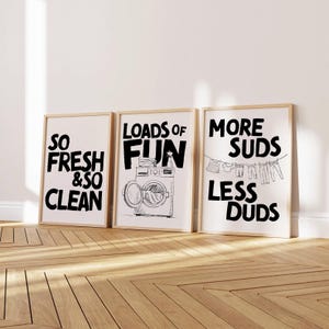 Conjunto de 3 artes de parede para lavanderia | Conjunto de artes para lavanderia para impressão | Muitas impressões divertidas | Decoração de banheiro elegante, presente de inauguração