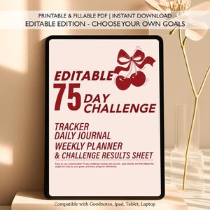 Edytowalny 75-dniowy cyfrowy planer wyzwań | Dostosowywalny TikTok Habit Tracker | Wybierz własne zasady | 75 miękkich checklist, dziennik, dziennik celów