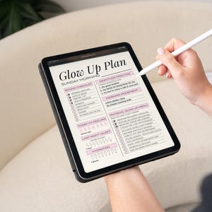 Sunday Reset Digital Planner displayed on iPad. It's the perfect GLOW UP PLAN. This Printable Planner is editable and makes glowing up feel achievable and fun. ADHD friendly and perfect for busy moms.