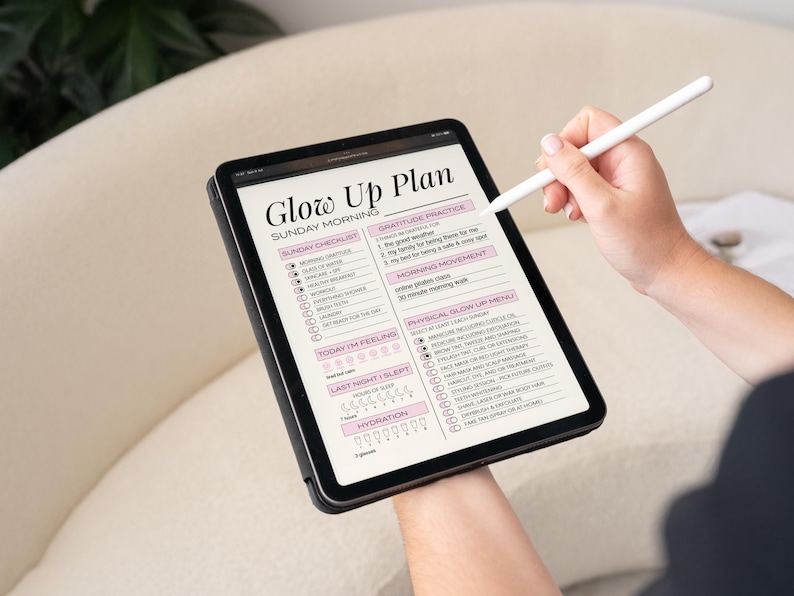 Sunday Reset Digital Planner displayed on iPad. It's the perfect GLOW UP PLAN. This Printable Planner is editable and makes glowing up feel achievable and fun. ADHD friendly and perfect for busy moms.