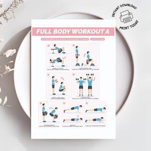 May include: A printable full body workout routine with illustrations of exercises using dumbbells and a barbell. The workout includes exercises like dumbbell squats, barbell bench press, and push-ups.