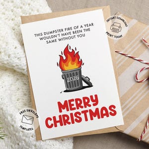 Funny Garbage Fire Christmas Card | Funny Printable 2026 Merry Xmas Note for Coworker, Boyfriend | Dumpster Bin Print At Home Happy Holidays