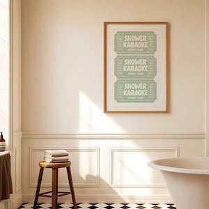 A retro shower karaoke ticket-style bathroom artwork, styled as trendy aesthetic restroom decor.