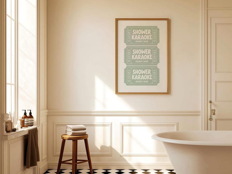 A retro shower karaoke ticket-style bathroom artwork, styled as trendy aesthetic restroom decor.