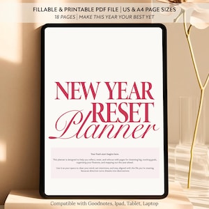 May include: A digital planner displayed on a black tablet. The planner's title, "NEW YEAR RESET Planner," is in a bold, pink script. The image includes text about the planner's features and compatibility with various devices.